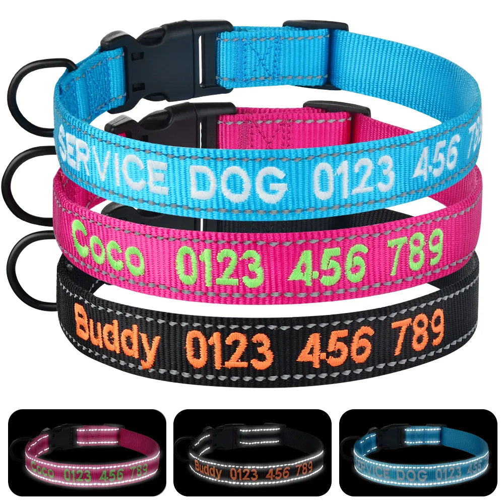 Embroidered Personalized Dog Collar Reflective Adjustable Nylon Pet Puppy Name