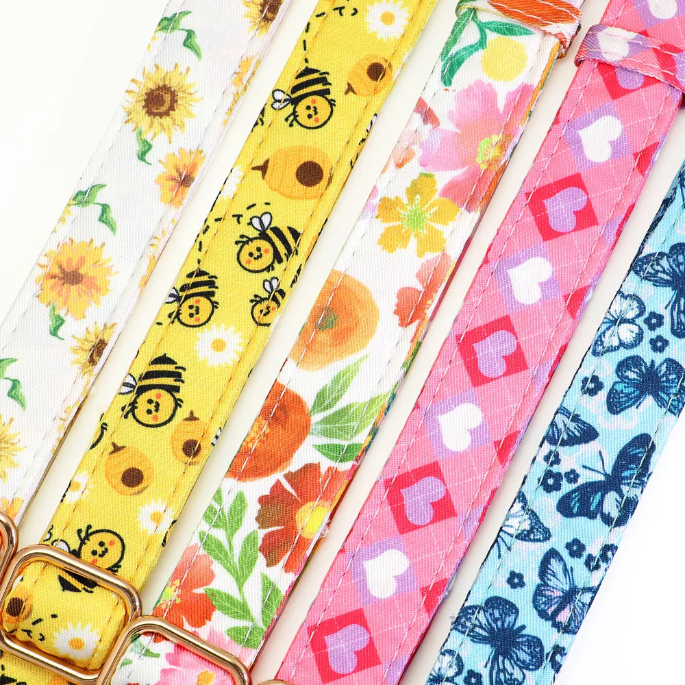 Personalized Nylon Dog Collar Flower Bee Printed Puppy Collars Free Custom Pet ID Necklace Collars For Small Large Dog Chihuahua