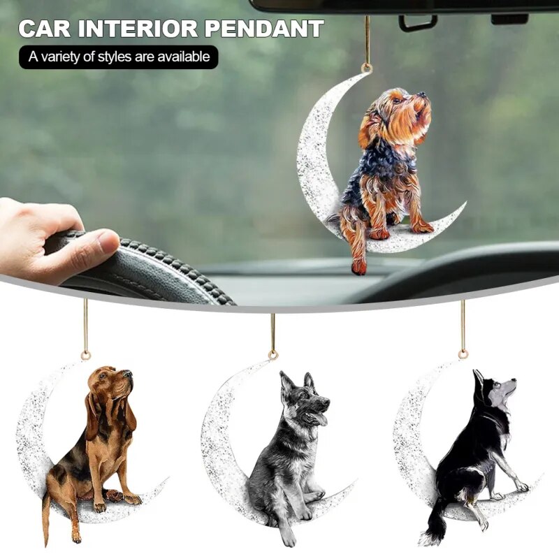 Car Rearview Mirror Pendant Cute Teddy Puppy Hanging Ornament Sitting On The Moon Dog Pendant Christmas Decoration