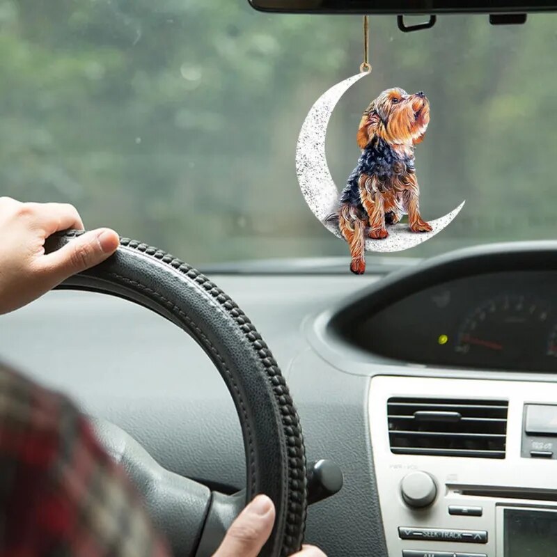 Car Rearview Mirror Pendant Cute Teddy Puppy Hanging Ornament Sitting On The Moon Dog Pendant Christmas Decoration